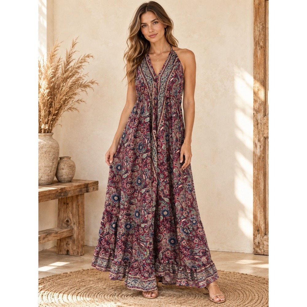 Womens S Maxi Dress Paisley Art Silk Halter Bohemian Ruffle Hem Festival Gypsy